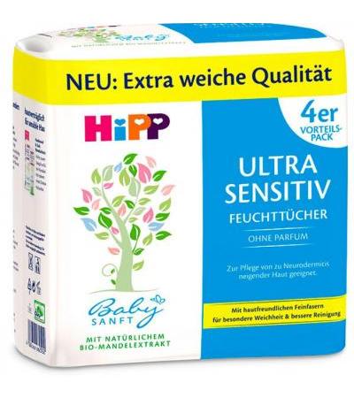 Детские ультранежные влажные салфетки HiPP Babysanft Feucht-Tücher Ultra Sensitiv 4 x 52 шт Hipp