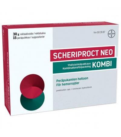 Мазь + Свечи от гемороя SCHERIPROCT NEO KOMBI PERÄPUIKKO JA REKTAALIVOIDE 30 гр + 15 свечей Bayer