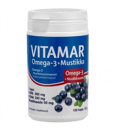 Рыбий жир с черникой для мозга и глаз Vitamar Omega-3+Mustikka 100 капсул Hankintatukku