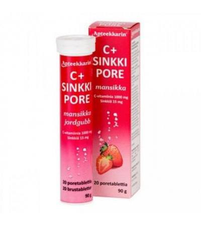 Витамин С с цинком C+ SINKKI PORE MANSIKKA земляничный вкус шипучие таблетки 20 шт Apteekkarin