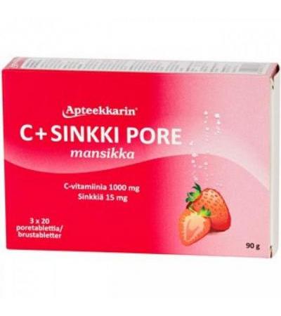 Витамин С с цинком C+ SINKKI PORE MANSIKKA земляничный вкус шипучие таблетки 3X20 шт Apteekkarin